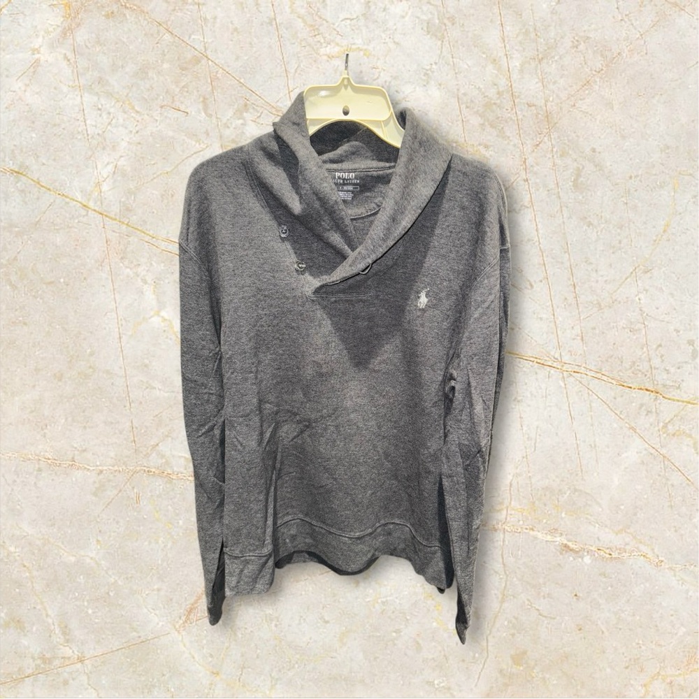 Polo Ralph Lauren Sweater Mens L Henley Cowl‎ Neck Gray Pony Logo Hook And Loop